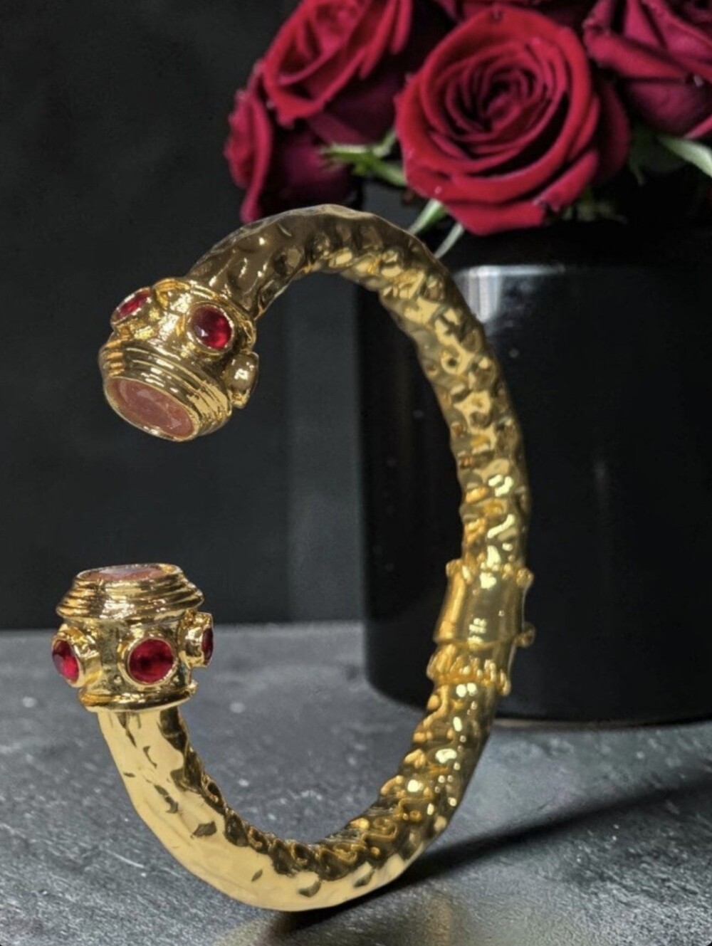 18k Gold Plated Chunky Hammered Hinged Ruby & Pink Sparkle Crystal Bracelet